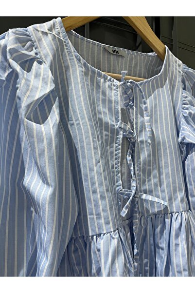King Brothers Blue Blouse Suit Blouse Bow Striped Balloon Sleeve Poplin Women's Blouse Suit