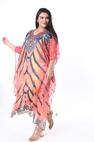 Şans Women's Plus Size Colorful, Stone Detailed Unlined Chiffon Cap Dress