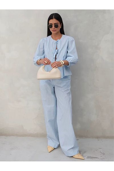 King Brothers Blue Blouse Suit Blouse Bow Striped Balloon Sleeve Poplin Women's Blouse Suit