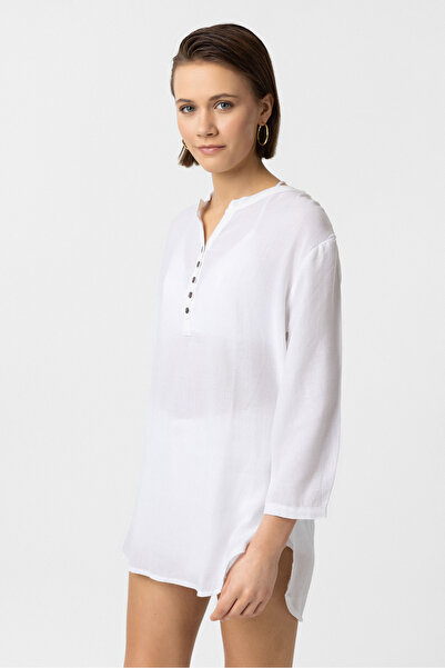 Deriderim Truvakar Біла бавовняна пляжна блузка з ґудзиками - без коміра