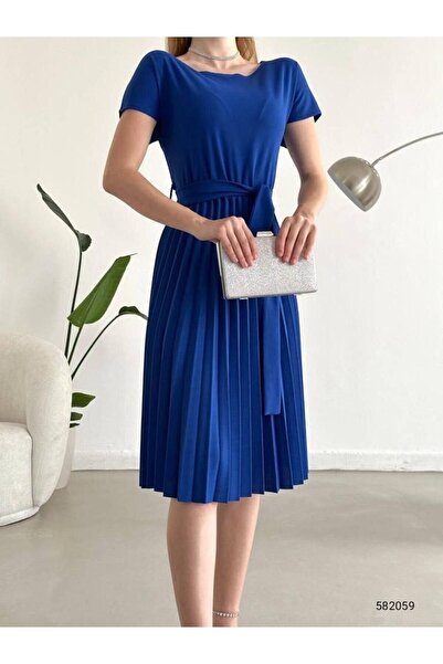 Esinty Kadın Mavi Eteği Pileli Beli Kuşaklı Krep Kumaş Mezuniyet Düğün Nikah Elbisesi