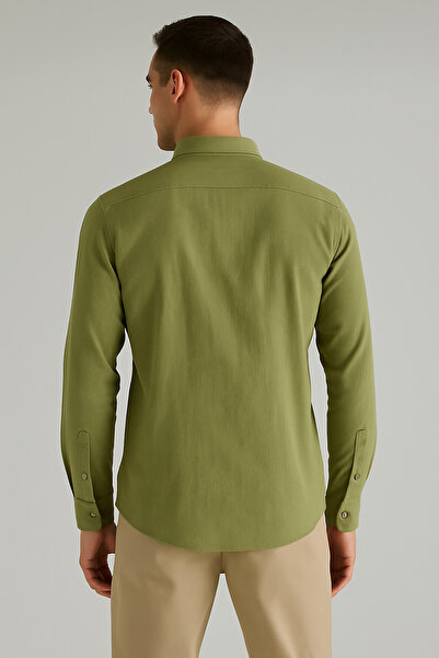 Bürke Summer Linen Textured Long Sleeve Green Half Oversize Men's Shirt