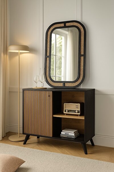 arykanda DEKORATİF SİYAH RATTAN AYNA-HAZERAN SALON VE KORİDOR AYNASI