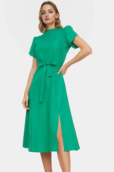 PayBuy Midi a Line Cotton Dress with Waist Belt Summer Stylish Comfortable Cut Zarifane Design