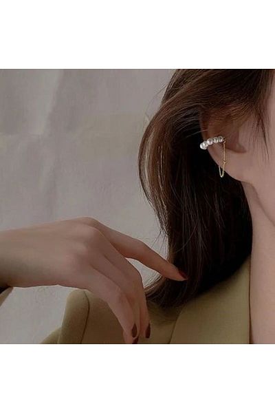 HISCOSMETIC Women's Pearl and Gold Detailed Hanging Cartilage Earrings