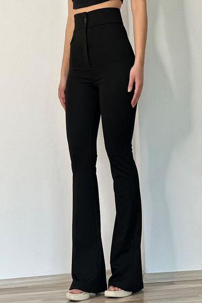 NET OF NOT Black Extra High Waist Gathering Flared Leg Ribbed Stitched Fabric Trousers
