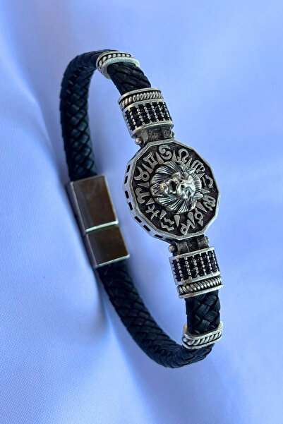 Begondio Genuine Leather Men's Bracelet Made with Lion Figure Zircon Stone Ha...