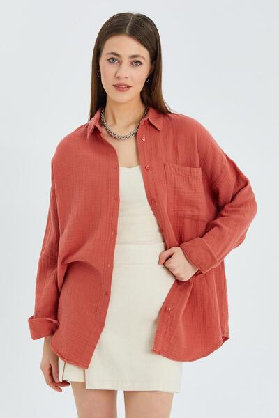 Mixray 3833 Women's Oversize Tile Muslin Shirt - Pocketed