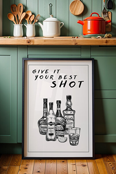 HİGUERA Alkol Şişeleri Eskiz Çizimli BAR Doğal Ahşap Çerçeveli Mutfak Duvar T...