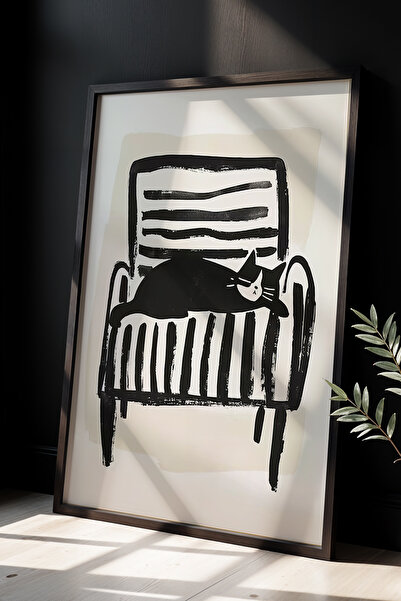 HİGUERA Μαύρη γάτα ξαπλωμένη στο κάθισμα - Μοντέρνα και κομψή γραμμή ζωγραφικ...