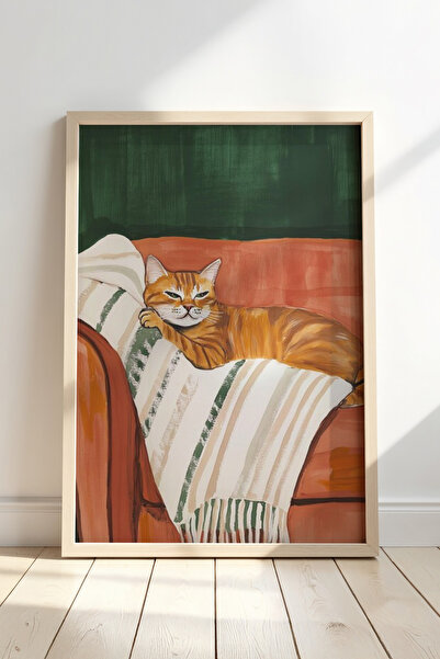 HİGUERA Γλυκιά γάτα ξαπλωμένη σε πορτοκαλί καναπέ Ζωγραφική τοίχου με φυσικό ...