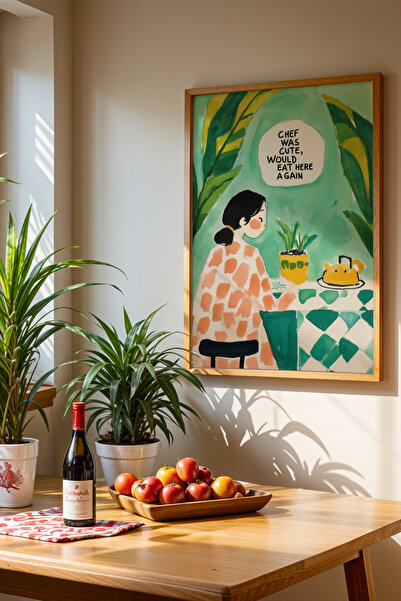 HİGUERA Χαρούμενη σκηνή καφέ με λεπτομέρεια φυτών KTB Πίνακας τοίχου κουζίνας...