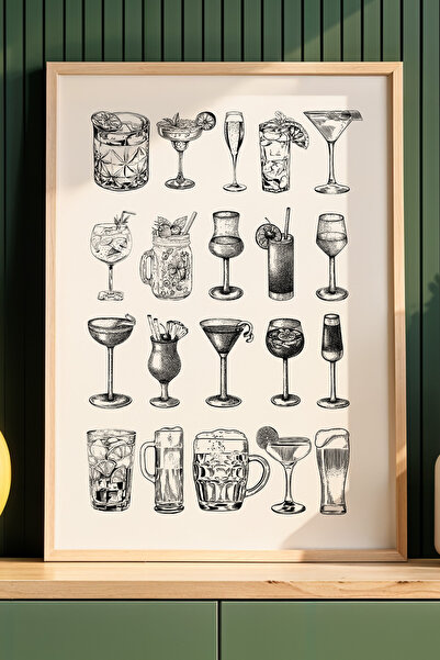 HİGUERA Πίνακας με φυσικό ξύλινο πλαίσιο με εικονογράφηση για κοκτέιλ ποτήρια...