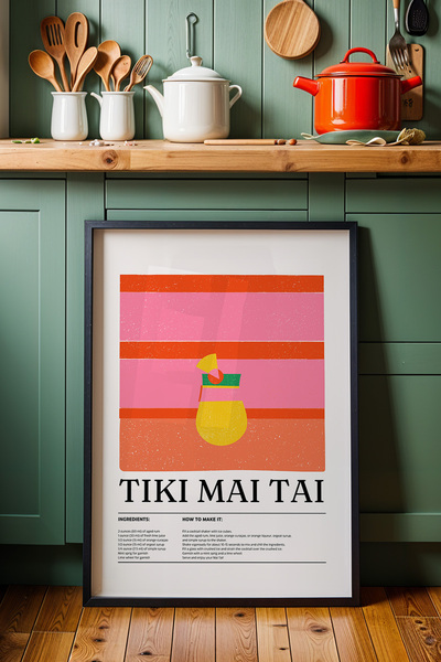HİGUERA Tiki Mai Tai Exotic Cocktail Διακόσμηση κουζίνας Πίνακας με φυσικό ξύ...