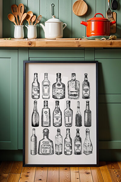 HİGUERA Μπουκάλια Αλκοόλ Σκίτσο Σχέδιο Μπαρ Πίνακας Κουζίνας Τοίχου με Φυσικό...