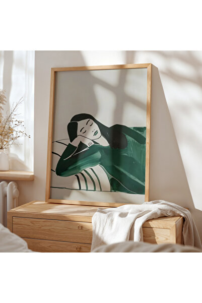 HİGUERA Minimalist Green Woman Resting on a Natural Wooden Frame Wall Painting
