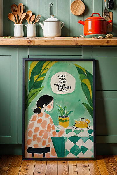 HİGUERA Χαρούμενη σκηνή καφέ με λεπτομέρεια φυτών KTB Πίνακας τοίχου κουζίνας...