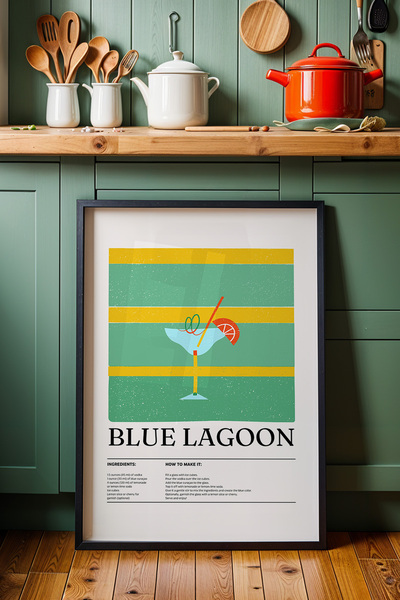 HİGUERA Blue Lagoon Cocktail BAR Ζωγραφική τοίχου κουζίνας με φυσικό ξύλινο π...