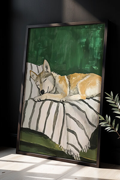 HİGUERA Wolf Dog Sleeping Peace Πίνακας τοίχου με φυσικό ξύλινο πλαίσιο – Τέχ...