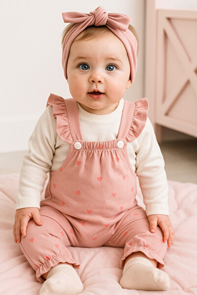 BYMURAT BABY Kız Çocuk Yenidoğan Pamuklu Minik Kalp Baskılı Salopet Tulum