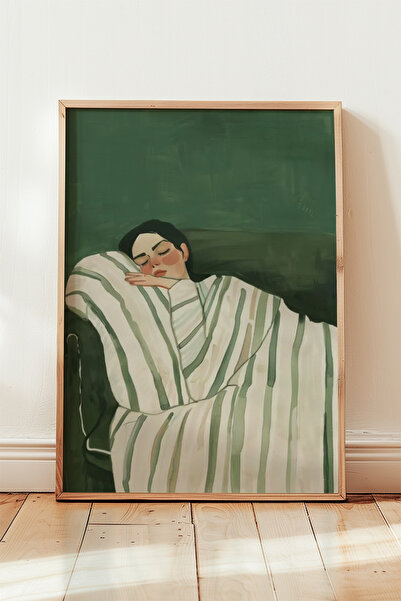 HİGUERA Μινιμαλιστικό Γυναικείο Πράσινο Τόνδα Πίνακας Τοίχου με Φυσικό Ξύλινο...