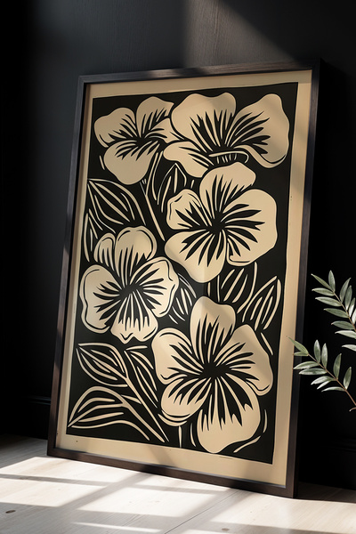 HİGUERA Ζωγραφική τοίχου με μοτίβο μεγάλου λουλουδιού με φυσικό ξύλινο πλαίσιο