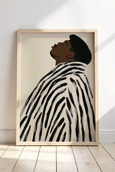 HİGUERA Κομψό Πορτραίτο Σχέδιο Μαύρο Λευκό Κάθετες Ρίγες Πίνακας με Φυσικό Ξύ...