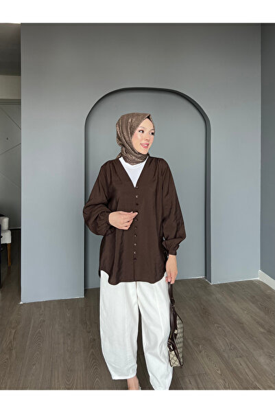 ensade Γυναικείο πουκάμισο με κουμπιά από ύφασμα Modal με λαιμόκοψη σε σχήμα V