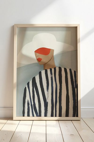 HİGUERA Fundal cu model geometric figurativ simplu și modern, pictură într-un cadru din lemn natural