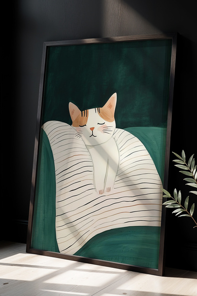 HİGUERA Χαριτωμένο στυλ γραμμής Λευκή γάτα με φυσικό ξύλινο πλαίσιο ζωγραφική...