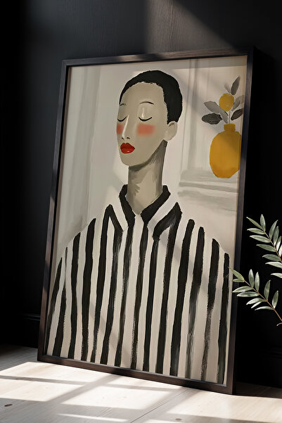 HİGUERA Estetik Kadın Figürü Siyah Beyaz Çizgili Modern Stil Doğal Ahşap Çerç...