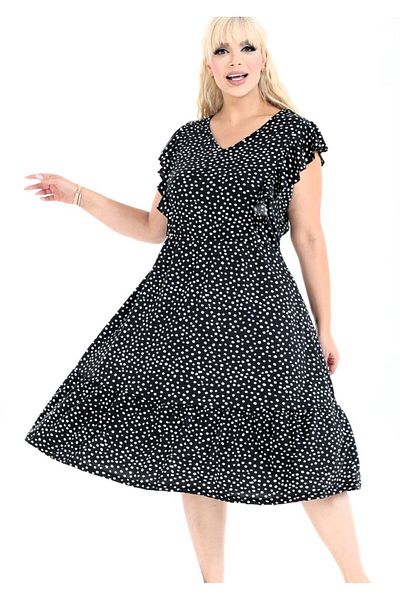Kheos Polka Dot Patterned Ruffle Detail V-Neck Back Lace-Up Plus Size Dress