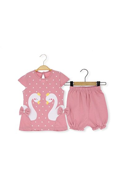 atabay Bow Swan Printed Girl's Set Dusty Rose