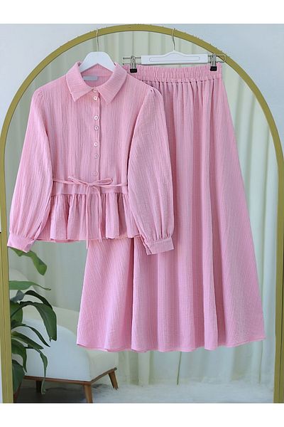 Modamorfo Ruffled Skirt, Buttoned Waist, Laced Skirt Suit - Pink