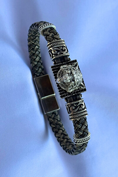 Begondio Wolf Rectangle Zircon Stone Handcrafted Genuine Leather Men's Bracelet