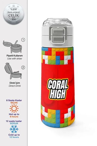 Coral High Kids Block Patterned Straw and Direct Drinking Steel Thermos 500 ml 31991