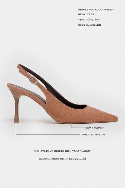 NİŞANTAŞI SHOES Mendy Taba Pantofi de damă cu toc înalt din piele intoarsa cu detaliu curea