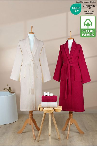 Ellaline Σετ μπουρνούζι 4 τεμαχίων ριγέ 100% βαμβάκι Πιστοποιημένο οικογενειακό σετ μπουρνούζι πετσετών Σετ προίκας Claret Red Cream