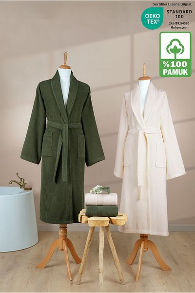 Ellaline Σετ μπουρνούζι 4 τεμαχίων ριγέ 100% βαμβάκι Πιστοποιημένο οικογενειακό σετ μπουρνούζι πετσετών Σετ προίκας πράσινο - κρέμα