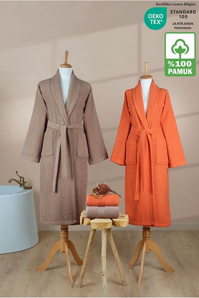 Ellaline Σετ μπουρνούζι 4 τεμαχίων ριγέ 100% βαμβάκι Πιστοποιημένο οικογενειακό σετ μπουρνούζι πετσετών Σετ προίκας Khv - Πορτοκαλί
