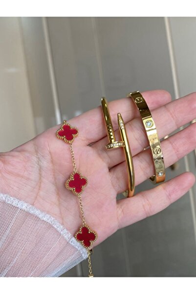 Perry Accesories 5 yonca çift taraflı beyaz mineli çivi ve taşlı model çelik kelepçe seti 3 lü çelik set