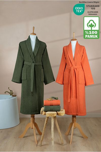 Ellaline Σετ μπουρνούζι 4 τεμαχίων ριγέ 100% βαμβάκι με πιστοποίηση, πλακάκι Shalyaka πορτοκαλί πράσινο οικογενειακό μπάνιο