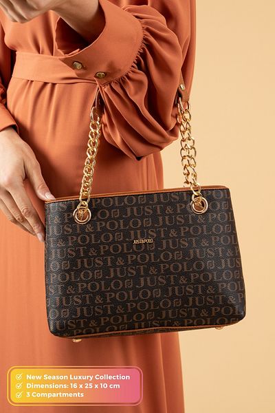 Just Polo Original Women's 3 Compartment Luxury Soft Leather Adjustable Cross Strap Chain Detail Hand Shoulder Bag