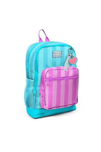 Coral High حقيبة ظهر مدرسية مخططة بأربعة أقسام باللون الفيروزي الوردي للأطفال...