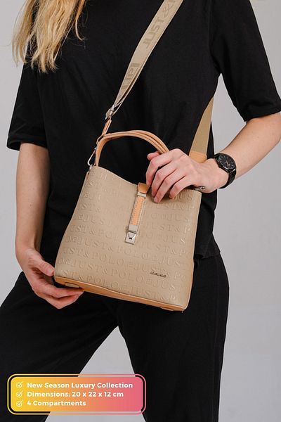 Just Polo Original Women's New Season 4 Compartment Luxury Soft Leather Lock Detailed Cross Column Strap Shoulder Bag
