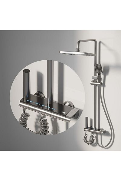 XPLORS Digital ® Shower Set, Led, Thermostat, Ambient Lights, Piano Black Console, Rain Effect Shower, Grey