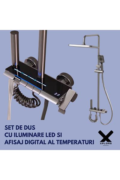 XPLORS Digital ® Shower Set, Led, Thermostat, Ambient Lights, Piano Black Console, Rain Effect Shower, Grey
