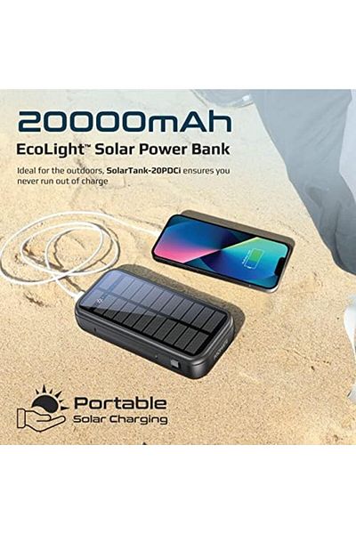 Promate Promate Solar Power Bank, Portable 20000mAh Battery Charger with Built-in 5V/2.1A USB-C and Lightnin