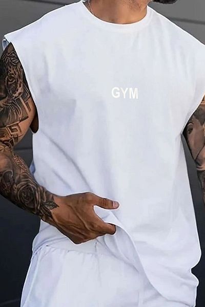 NO 601 Men's White Gym Embossed Printed Sleeveless Tshirt