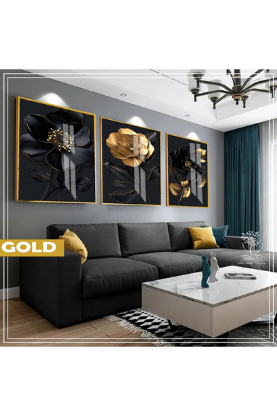 Harikabirev HARİKABİREV | SET NEGRU & GOLD MACRO MANOLYA | TABLO CU CADRU DIN sticlă 3 PIESE VERTICAL